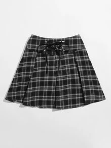 SHEIN Plaid Lace-Up Front Pleated Mini Skirt - Black - View 3