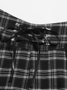 SHEIN Plaid Lace-Up Front Pleated Mini Skirt - Black - View 5