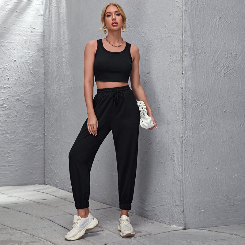 

Crop Tank Top & Drawstring Waist Sweatpants Set, Black