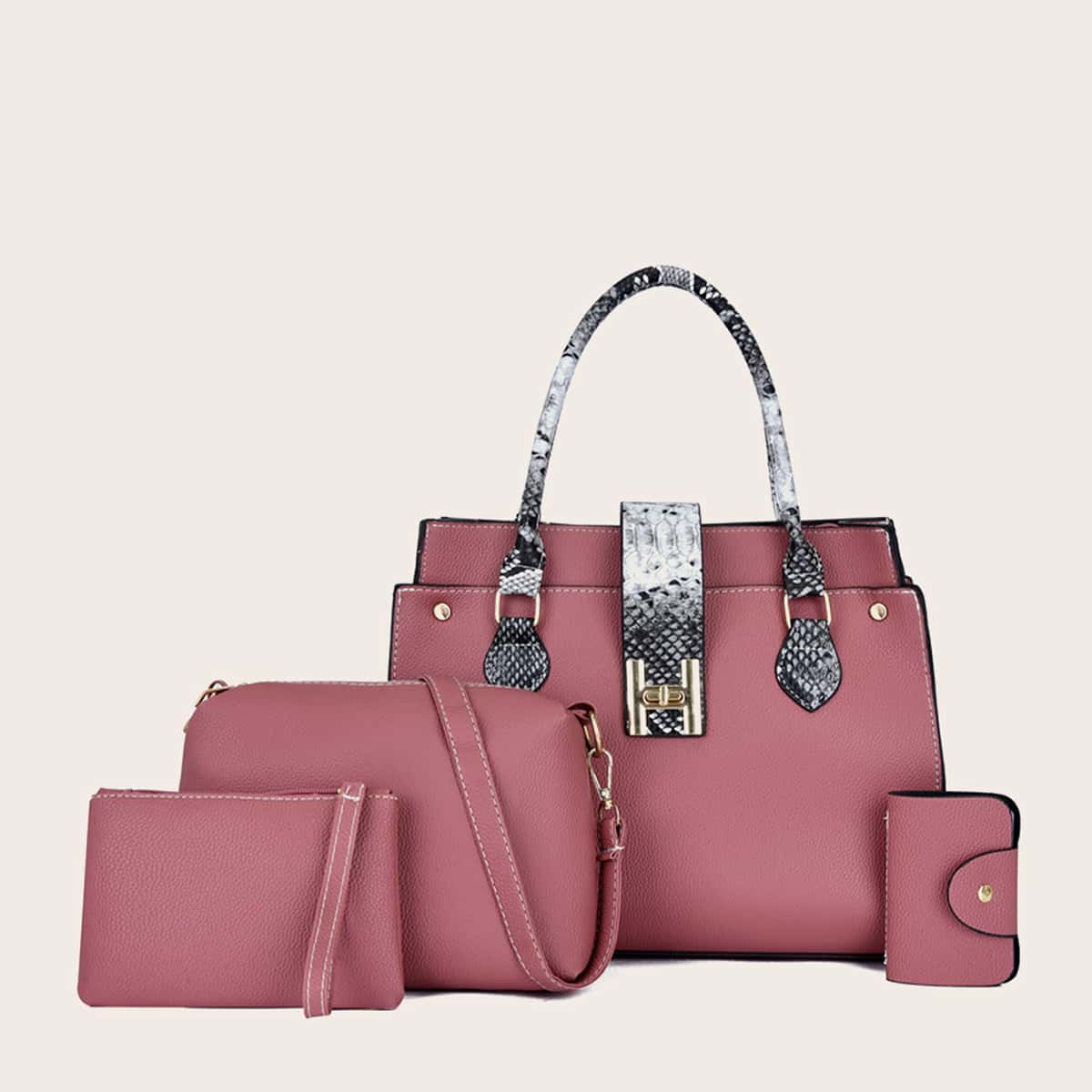

4pcs Snakeskin Panel Satchel Bag Set, Pink