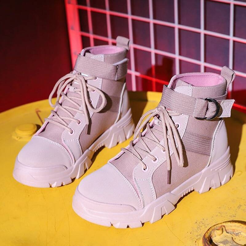 

Buckle Lace-up Combat Boots, Dusty pink
