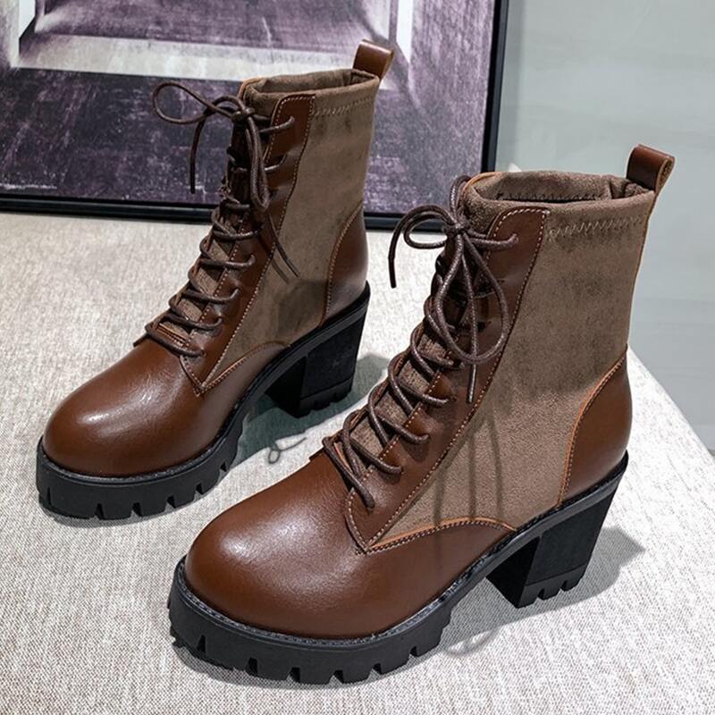

Lace-up Chunky Heeled Boots, Brown