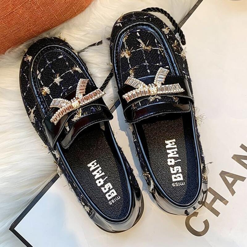 

Rhinestone Bow Plaid Loafers, Black
