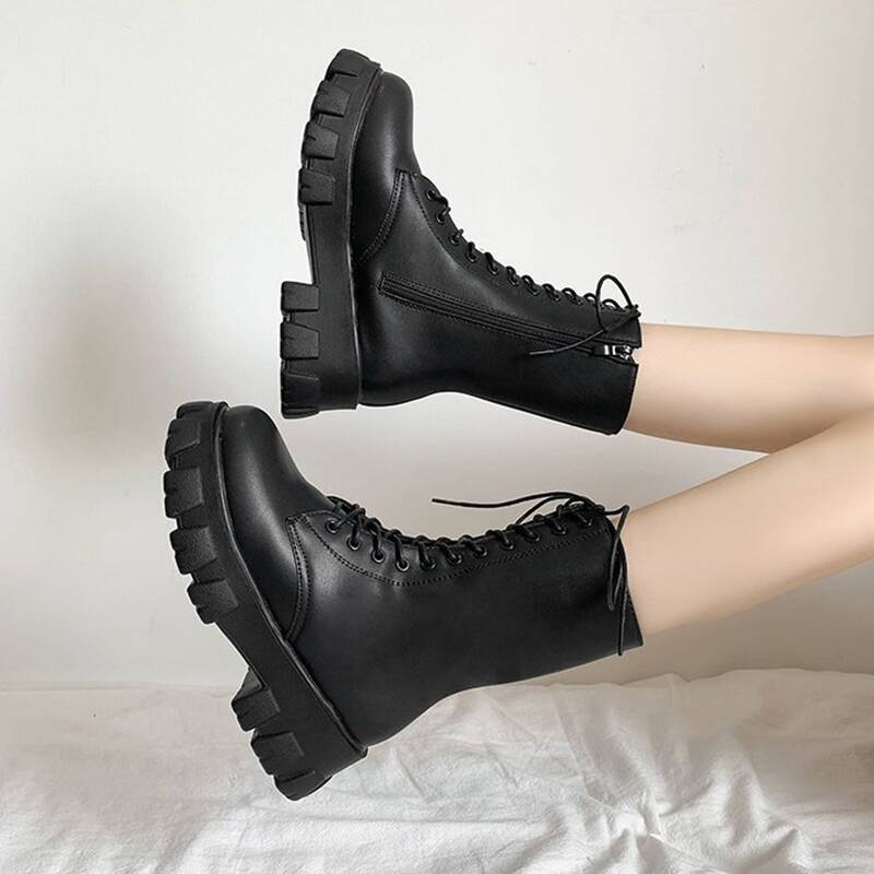 

Lace-up Platform Combat Boots, Black