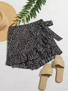 SHEIN VCAY Dalmatian Print Ruffle Hem Wrap Knot Skort - Black and White - View 1