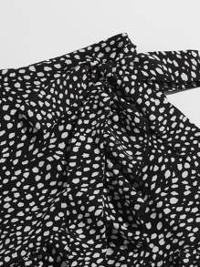 SHEIN VCAY Dalmatian Print Ruffle Hem Wrap Knot Skort - Black and White - View 4
