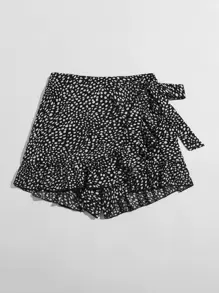 SHEIN VCAY Dalmatian Print Ruffle Hem Wrap Knot Skort - Black and White - View 5