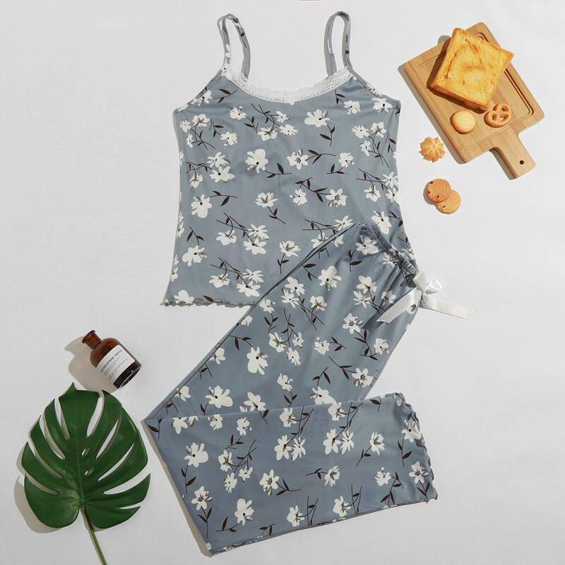 

Floral Print Lace Trim Pajama Set, Dusty blue