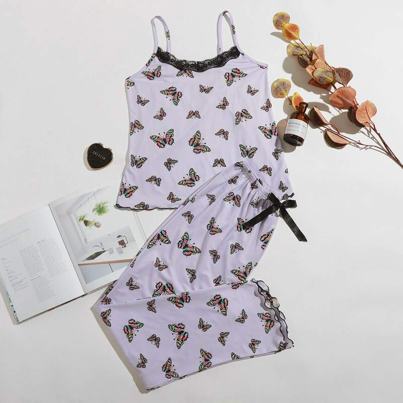 

Butterfly Print Lace Trim Pajama Set, Lilac purple