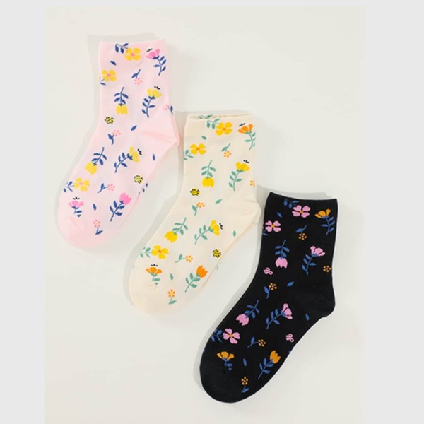 

3pairs Floral Print Ankle Socks, Multicolor