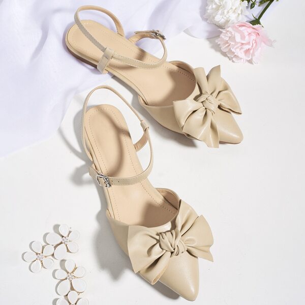 

Bow Decor Buckle Strap Flats, Beige