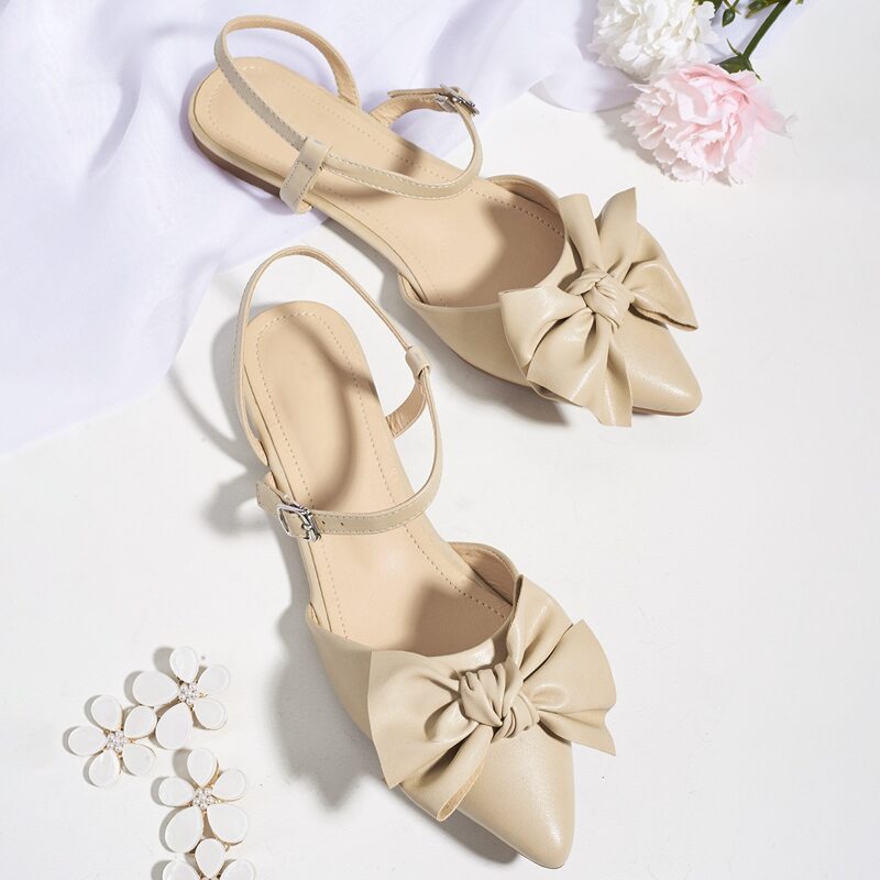 

Bow Decor Buckle Strap Flats, Beige