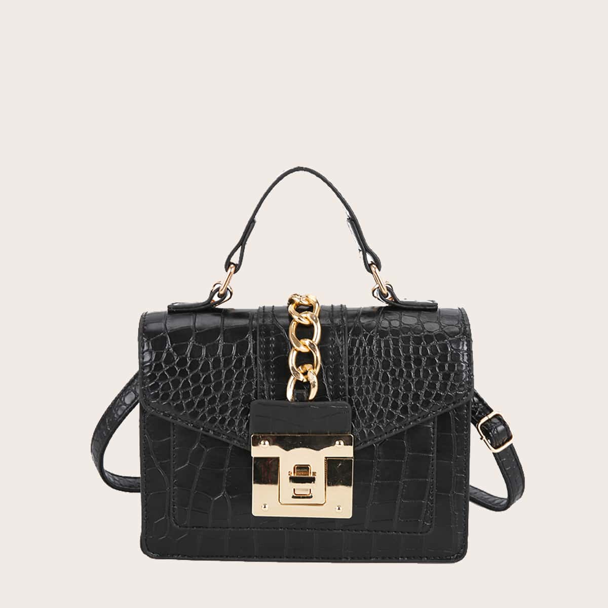 

Chain Decor Croc Embossed Satchel Bag, Black