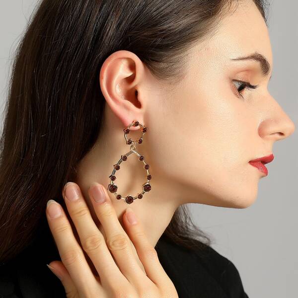 

Rhinestone Decor Hollow Water-drop Earrings, Coffee brown