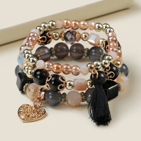 

3pcs Tassel & Heart Charm Beaded Bracelet, Multicolor