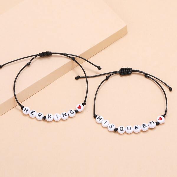 

2pcs Letter Decor String Bracelet, Black and white
