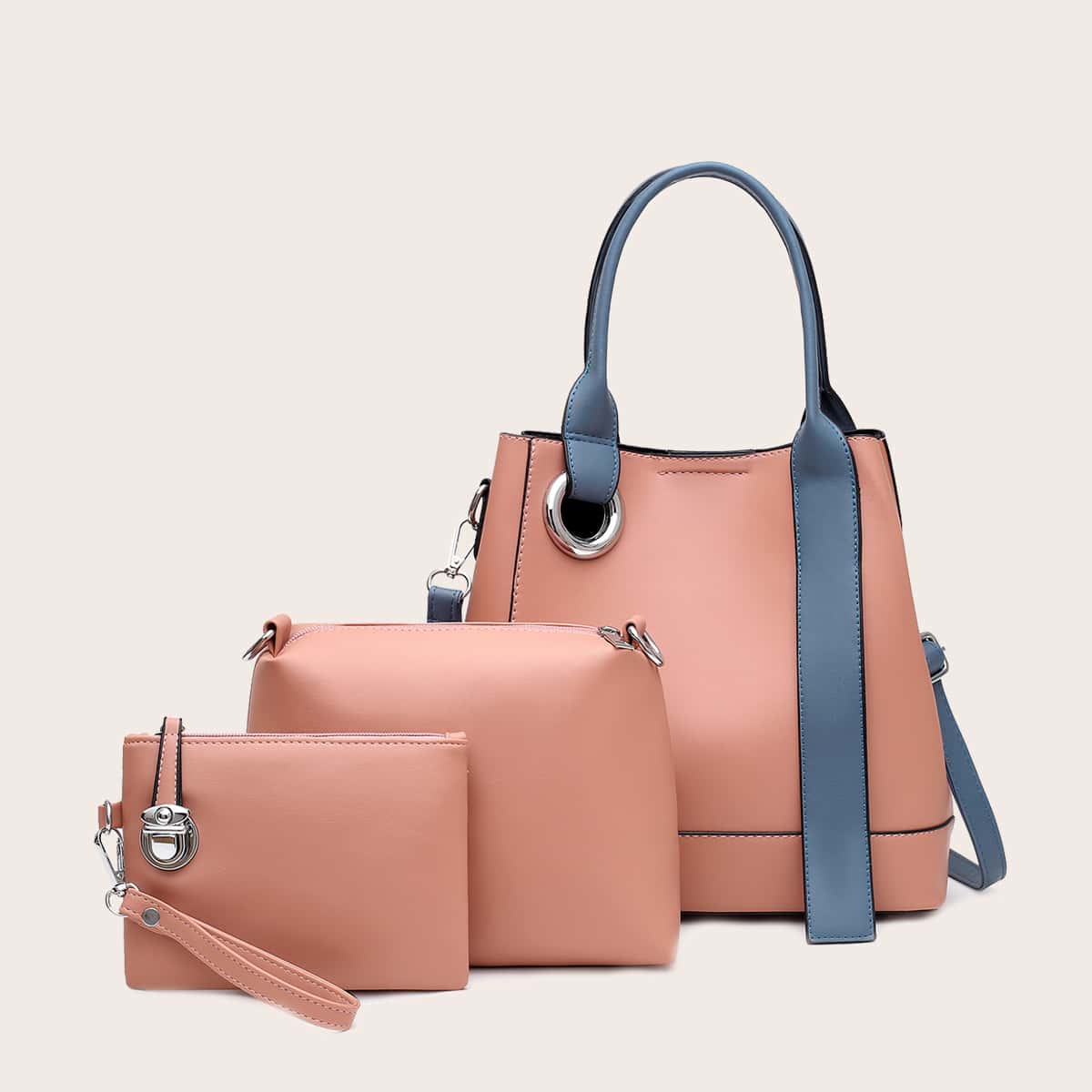 

3pcs Double Handle Tote Bag Set, Pink