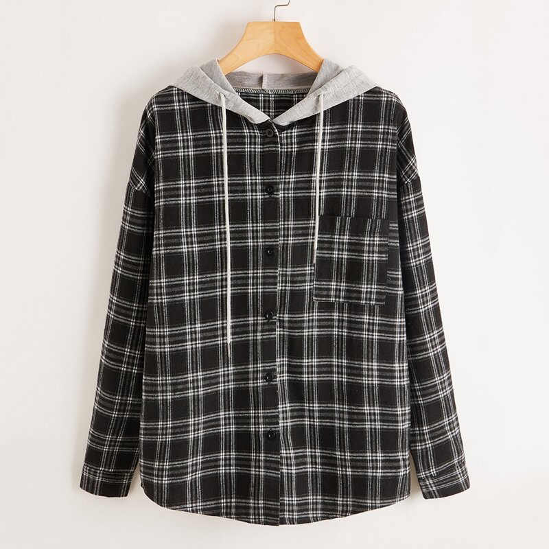 

Button Front Plaid Hooded Overshirt, Multicolor