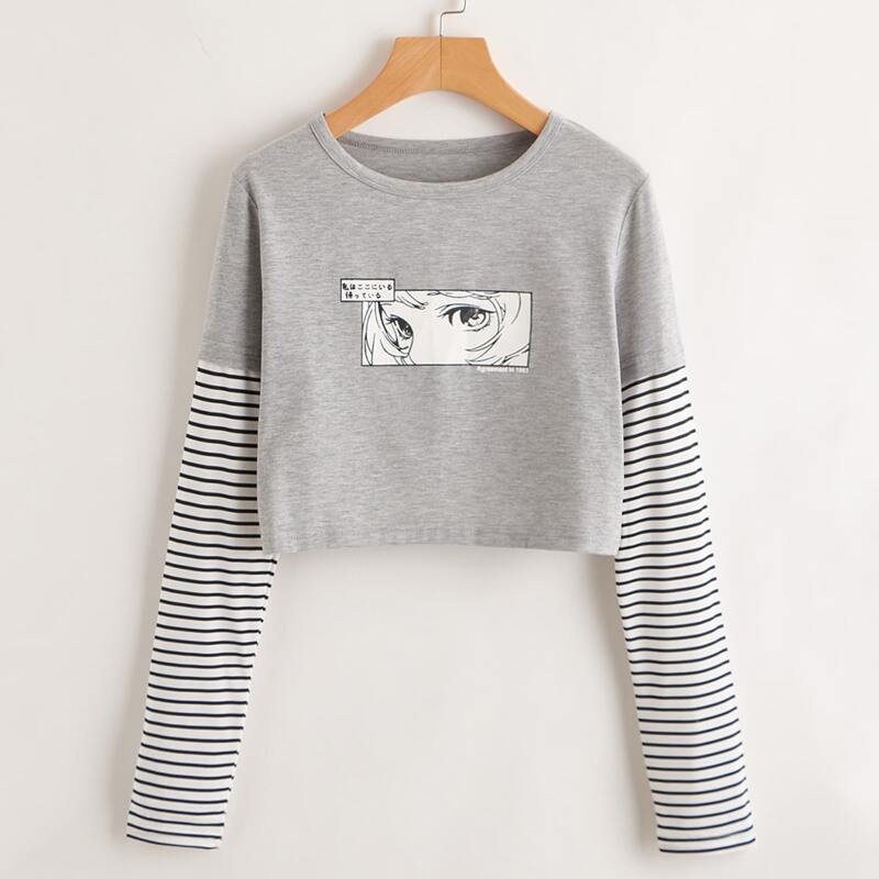 

2 In 1 Striped Figure Graphic Tee, Light grey