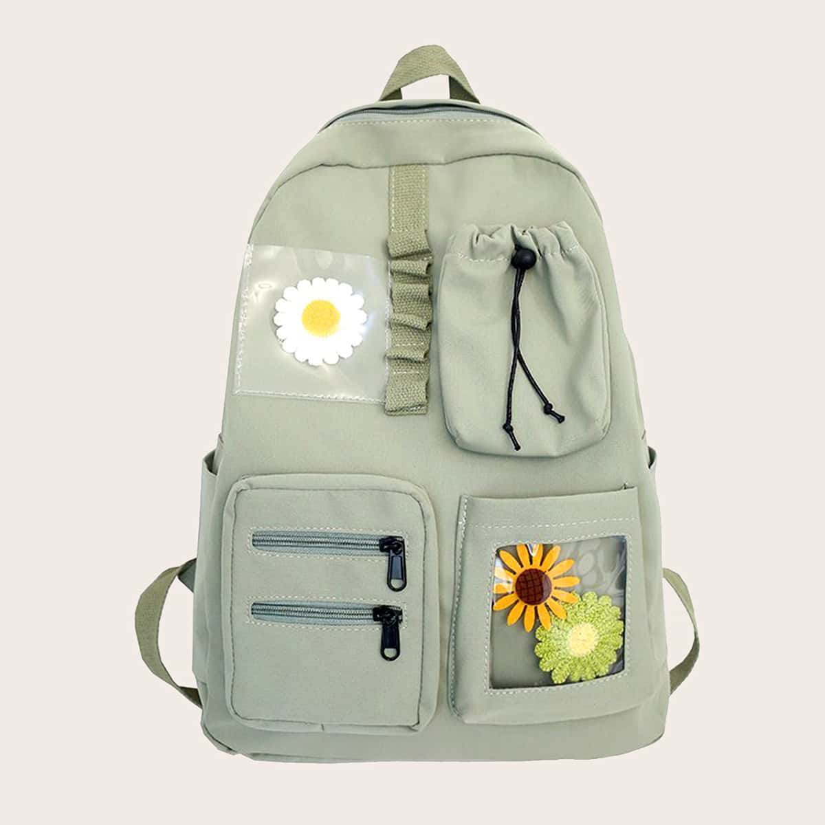 

Flower Decor Pocket Front Backpack, Green