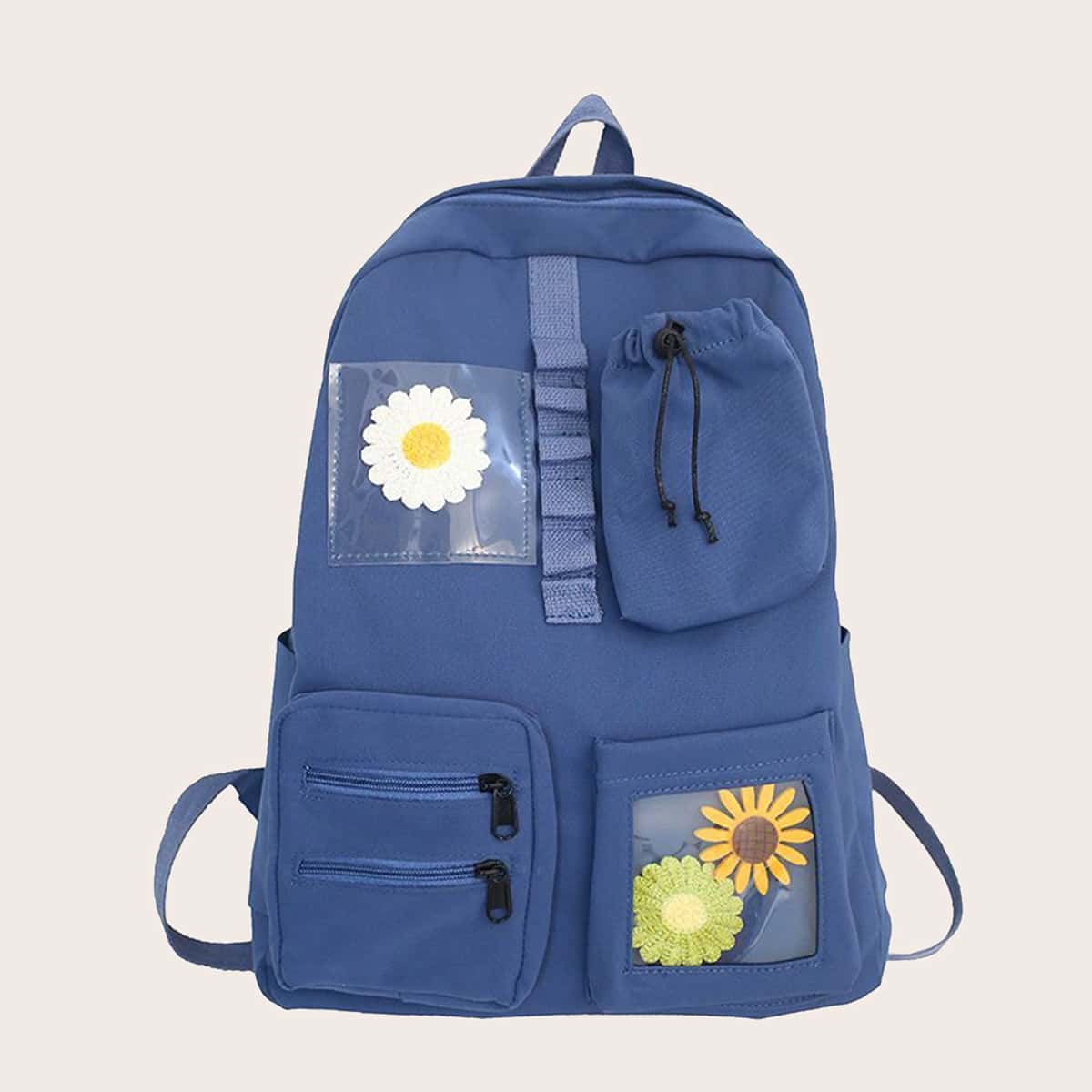 

Flower Decor Pocket Front Backpack, Blue