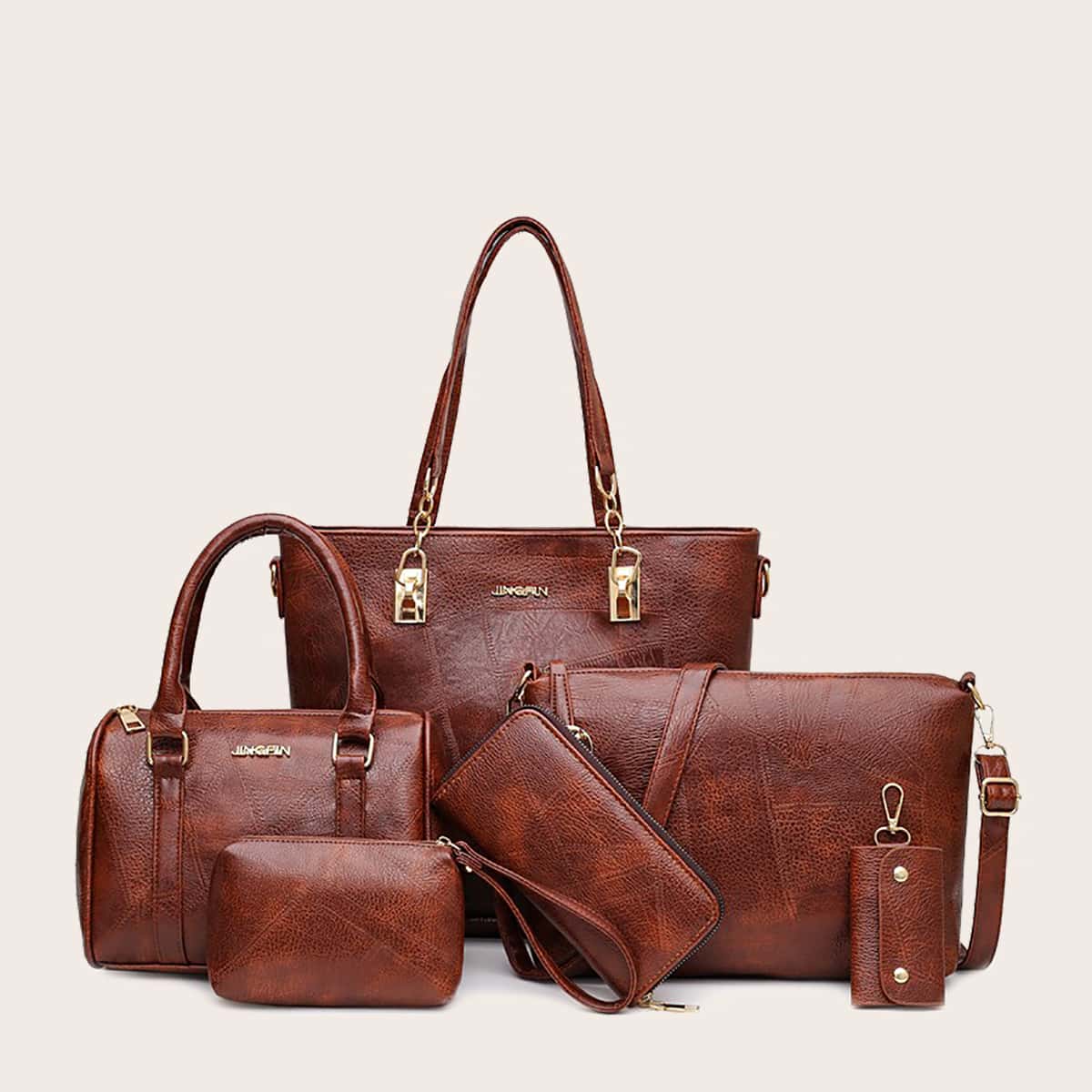 

6pcs Double Handle Tote Bag Set, Brown