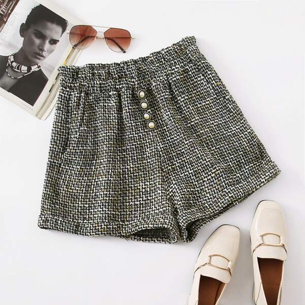 

Paperbag Waist Button Front Tweed Shorts, Black