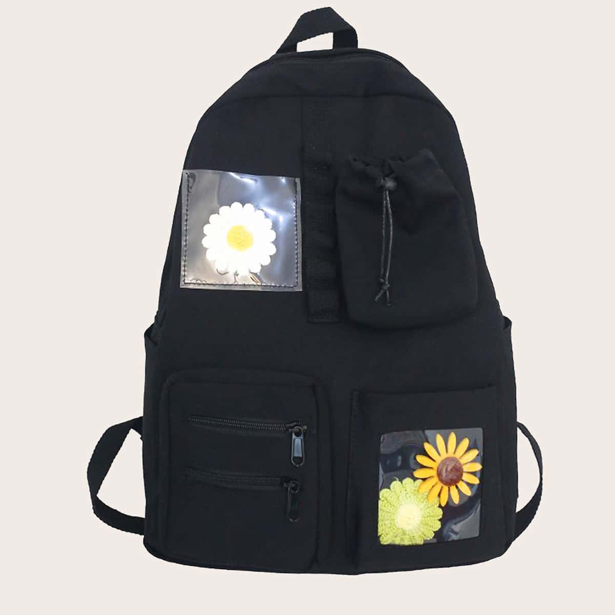 

Flower Decor Pocket Front Backpack, Black