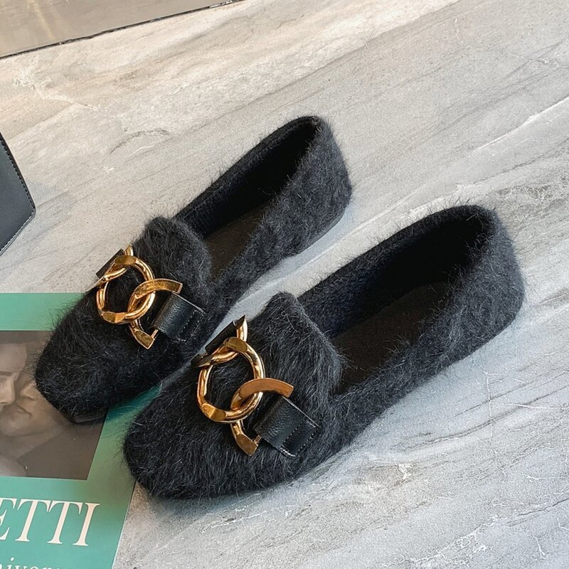 

Chain Fluffy Flat Loafers, Black