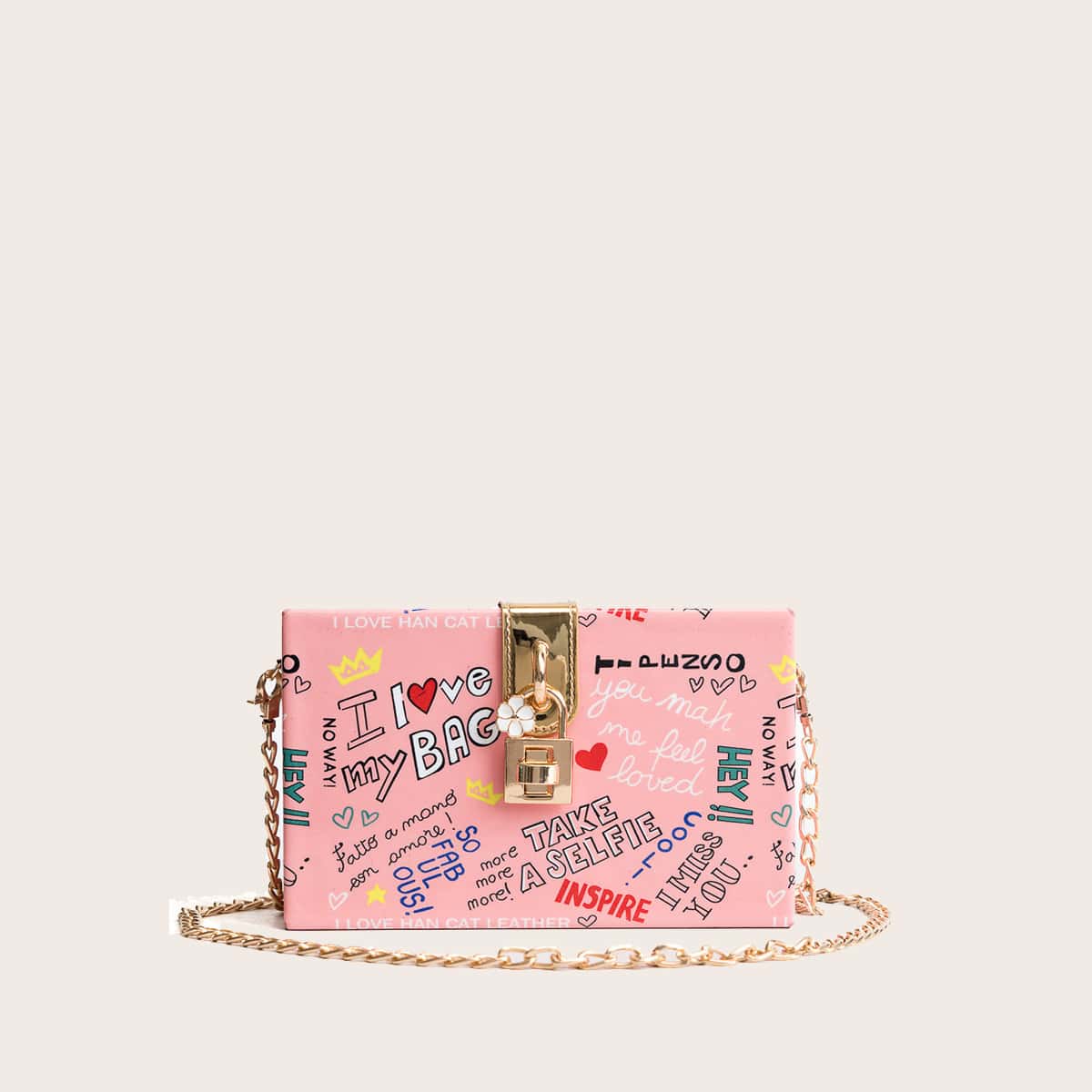 

Lock Decor Letter Graphic Box Bag, Pink