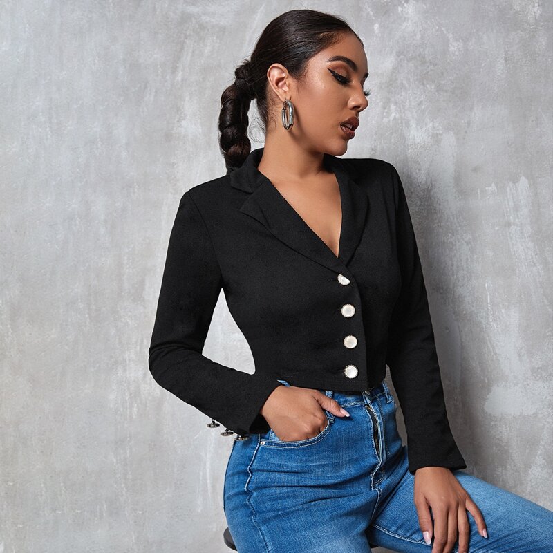 

Lapel Collar Single Breasted Placket Crop Blazer, Black