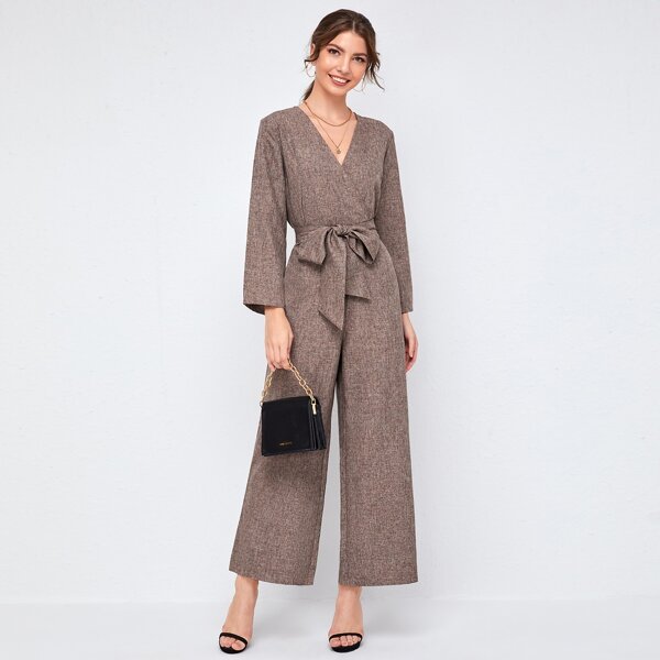 

Surplice Neck Self Belted Wide Leg Jumpsuit, Mocha brown