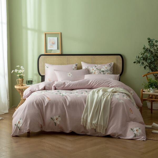 

Flower Print Bedding Set Without Filler, Pink