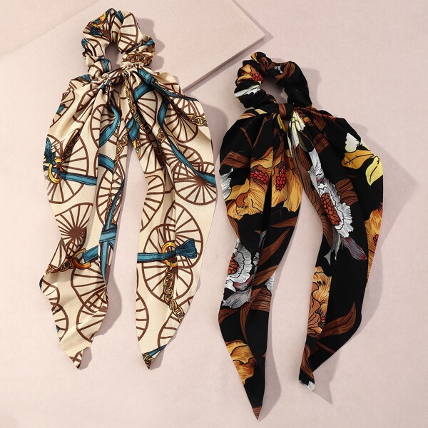 

2pcs Chain Print Scrunchie Scarf, Multicolor