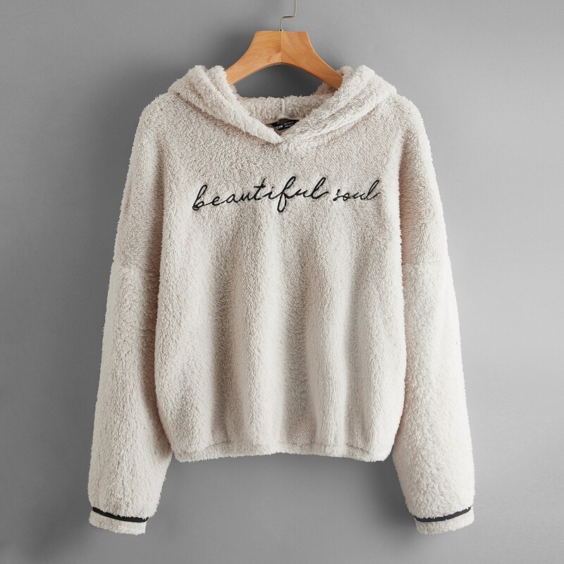 

Drop Shoulder Letter Embroidered Teddy Pullover, Beige