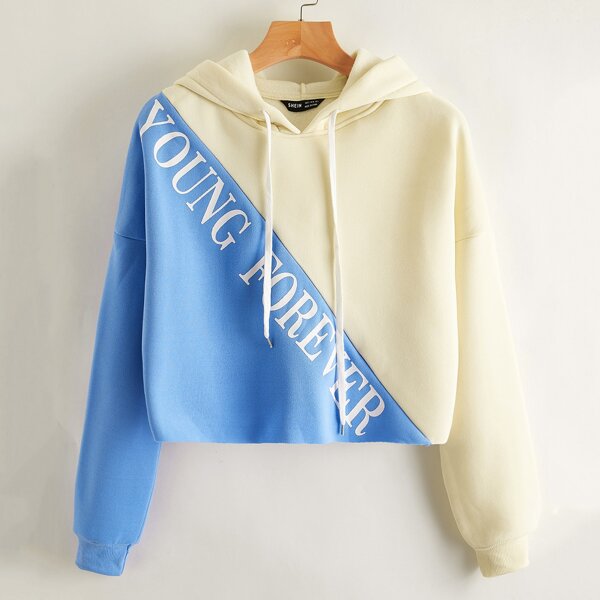 

Letter Graphic Color Block Drawstring Hoodie, Multicolor