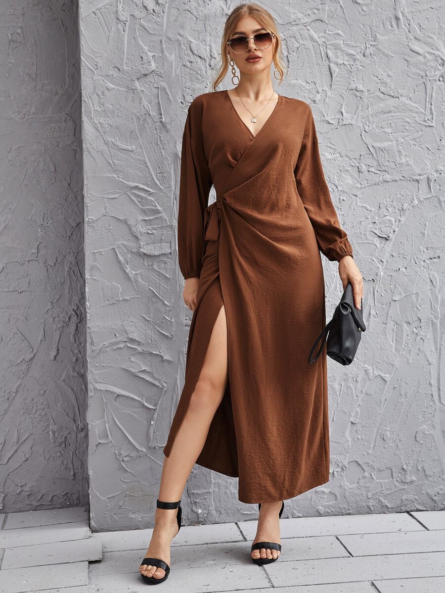 SHEIN Privé 優雅腰帶純色連衣裙 - 鏽棕色 - 查看 1