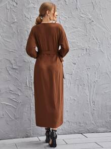 SHEIN Privé 優雅腰帶純色連衣裙 - 鏽棕色 - 查看 2
