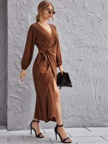 SHEIN Privé 優雅腰帶純色連衣裙 - 鏽棕色 - 查看 3