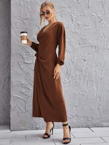 SHEIN Privé 優雅腰帶純色連衣裙 - 鏽棕色 - 查看 4