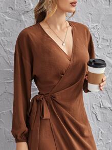 SHEIN Privé 優雅腰帶純色連衣裙 - 鏽棕色 - 查看 5