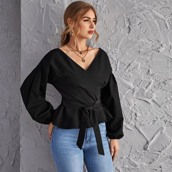 

Lantern Sleeve Wrap Belted Peplum Top, Black