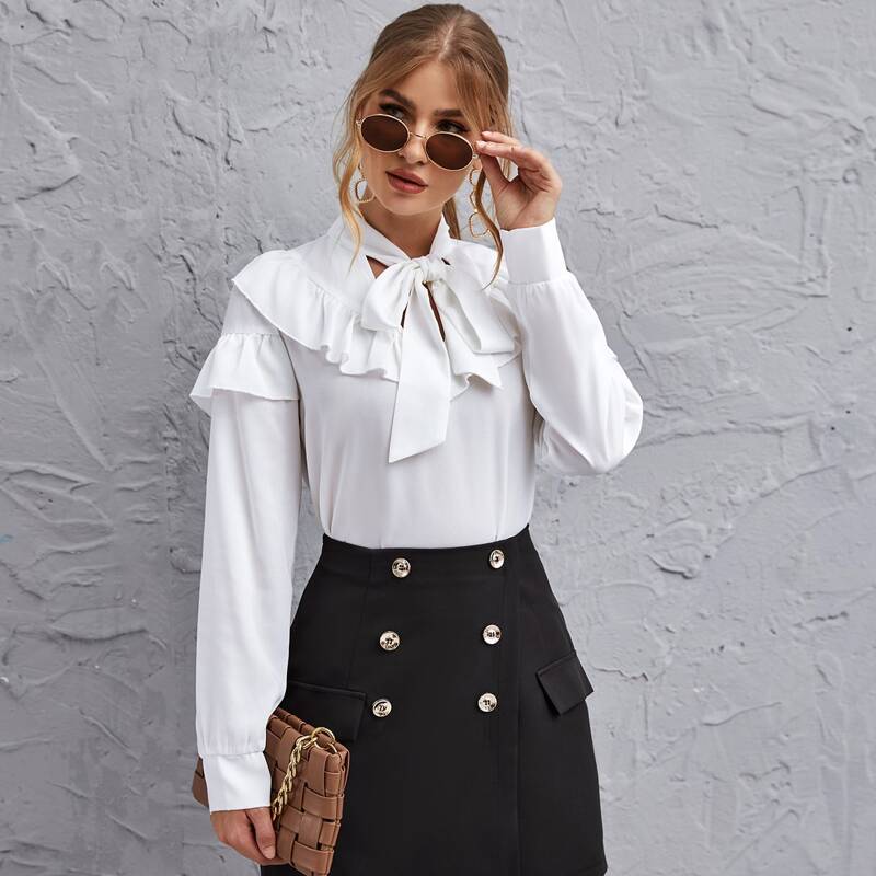 

Tie Neck Ruffle Trim Top, White