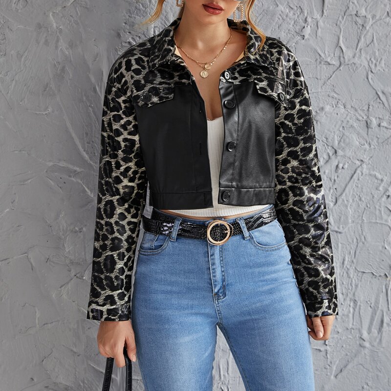 

Button Front Leopard PU Leather Jacket, Multicolor