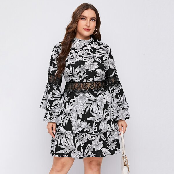 

Plus Floral Print Mock Neck Lace Insert Layered Detail Dress, Black and white