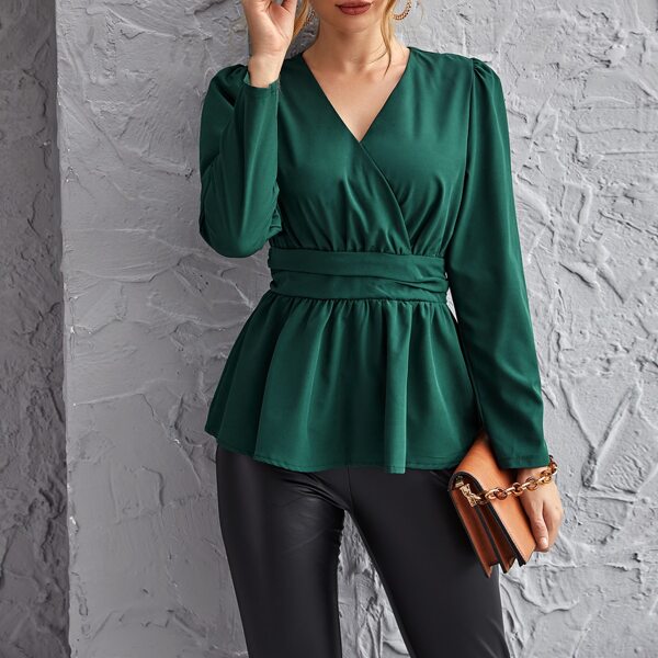 

Surplice Neck Peplum Top, Dark green