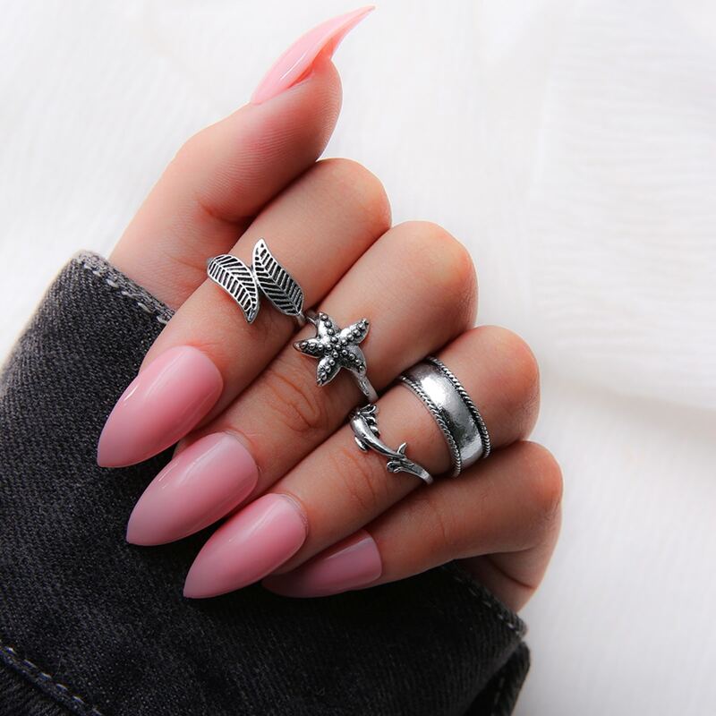 

4pcs Leaf & Starfish Ring, Silver