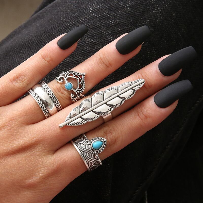 

4pcs Gemstone Leaf Ring, Silver