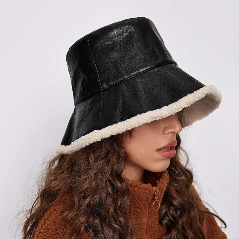 

Lamb Wool PU Bucket Hat, Black