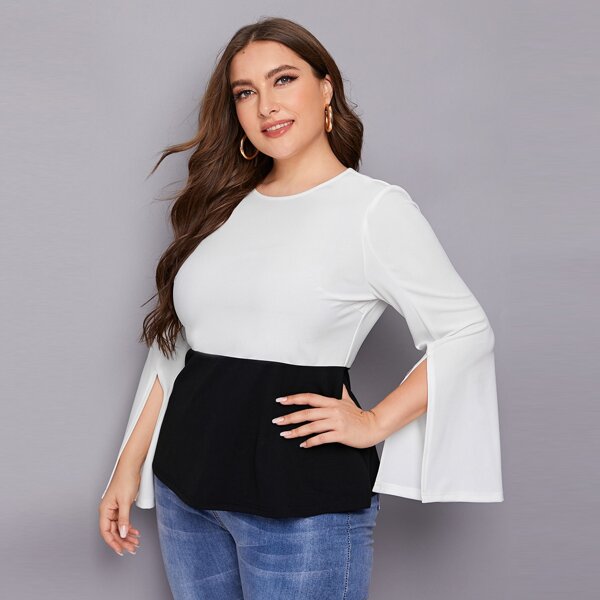 

Plus Split Sleeve Two Tone Peplum Top, Black and white